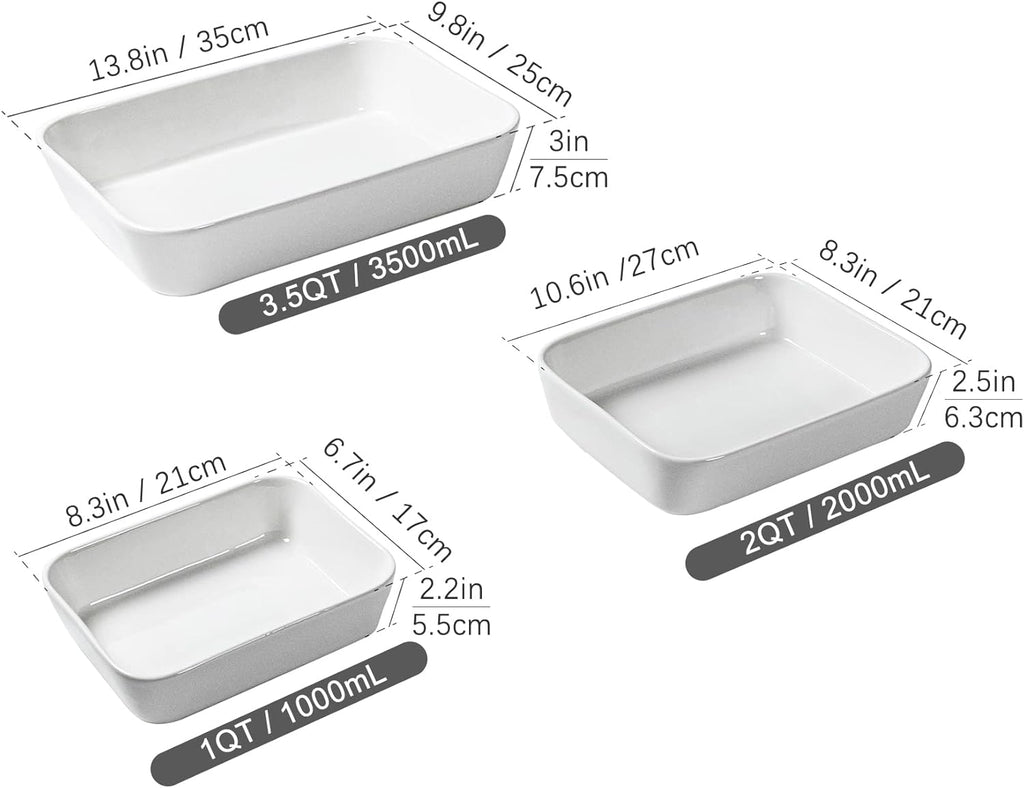 UNICASA Ceramic Oven Dishes - Set of 3 Rectangular Casserole Dishes | Non-Stick, White, 1000/2000/3500 ML