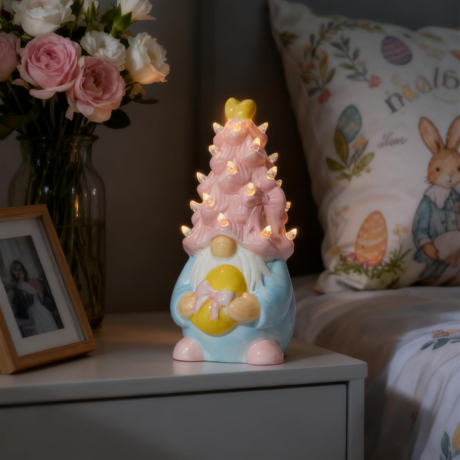 WDS Wondrous Lighted Gnome Figurine - Ceramic LED Easter Decor with Pink Hair & Egg | Spring Table Centerpiece
