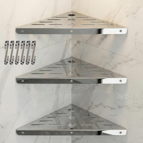 3 Pack Corner Shower Shelf,10-Inch 304 Stainless Steel Bathroom Shelves with 6 Hooks 40 lbs Heavy Duty Capacity Durable Drill-Mount Installation Shower Shelf for Inside Shower (Silver)