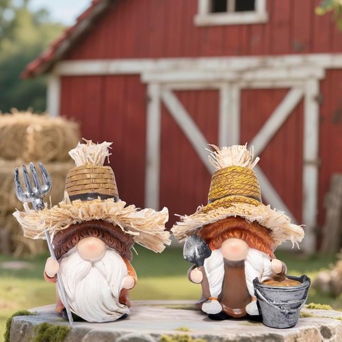 Hodao Farmer Gnomes Figurines - Rustic Hand-Painted Resin with Straw Hats & Tools | Charming Farmhouse Decor for Gardeners