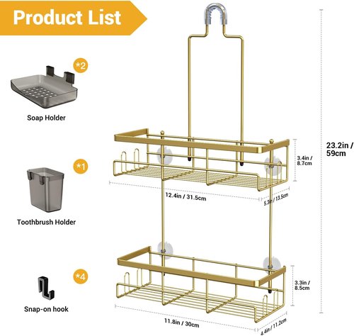 AKTECKE Shower Caddy - Rustproof Hanging Bathroom Organizer for Shampoo & Soap | No-Drill Design in Gold