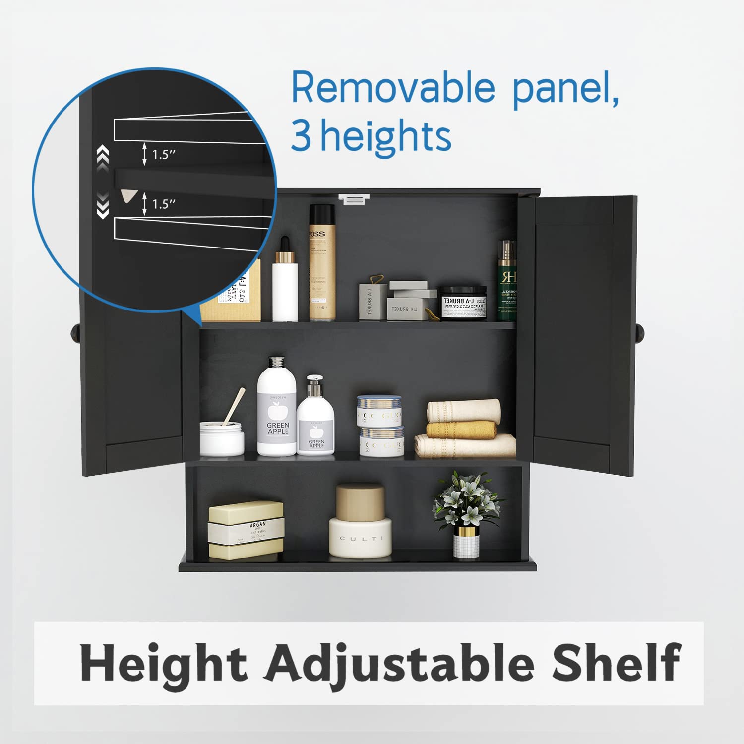 TaoHFE Black Medicine Cabinet, 2 Doors 3 Open Shelf, Wall Mounted Wooden Storage Cabinet Over Toilet