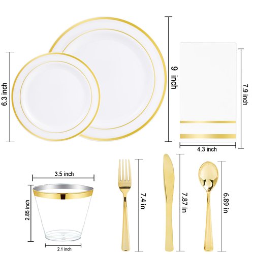 NOCCUR 700PCS Gold Plastic Plates - Gold Disposable Dinnerware Set for 100 - Include 200 Dinner/Dessert Plates, 300 Cutlery, 100 Cups, 100 Napkins, Idea for Wedding/Party/New Year
