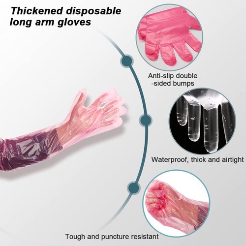 Barafat 50 Pieces Disposable Field Dressing Gloves, Veterinary Insemination Rectal Long Gloves, Extra Long Sleeve Full Arm Glove, Cow Deer Palpation Gutting (Red)