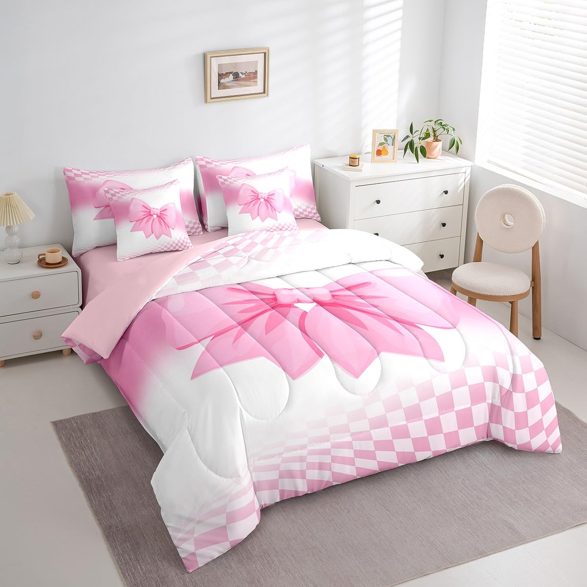 Erosebridal Pink Bow Comforter Set 7 Piece Bed in A Bag Twin,Princess Bowknot Coquette Bedding Sets White and Pink Plaid Bows Comforter and Sheets for Cute Girls Women Dreamy Kawaii Room Decor