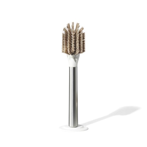 Curio Home Goods Ionic Dish Brush, Magnetized to Stand Upright, Stainless Steel with Replaceable Head, Silver