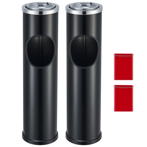 CO-Z 2pc Standing Ash Tray Set with Trash Can, Indoor Outdoor Ashtray with Removable Tray 1.2 gal Garbage Can, Smokeless Waste Disposal for Cigarette Butt & Trash, Covered Ash Holder for Patio, Black