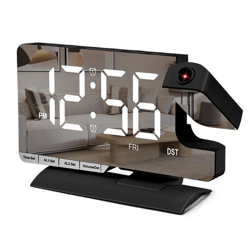 SZELAM Digital Clock,Alarm Clock Bedside with Projection,7.3" Mirror Clock with 180°Rotating Projector,Dual Alarm with 3 Mode,Brightnee Adjust,DST,Snooze,Charging Port,5 Levels Volume for Desk Teens