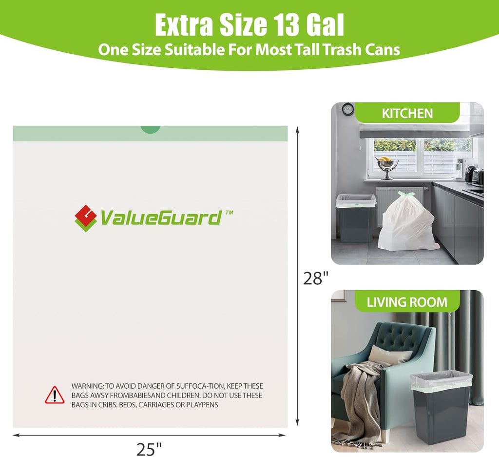 ValueGuard 13 Gallon Tall Drawstring Trash Bags - 100% Recycled Waste Bags for Kitchen & Office (300 Count)
