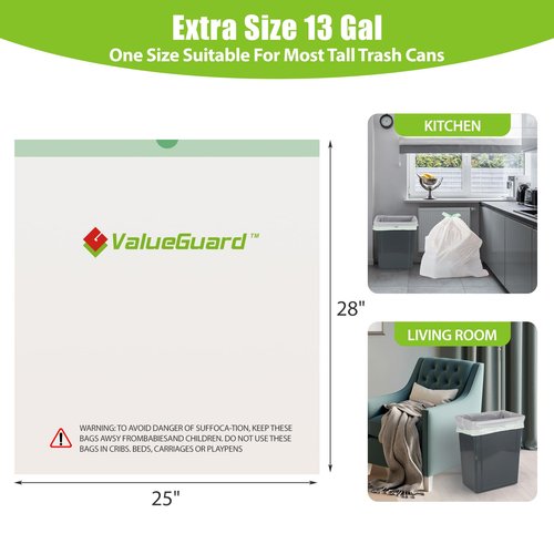 ValueGuard Large Trash Bags 13 Gallon Tall Drawstring 100% Post-Consumer Recycled Garbage Bag Waste Bag for Kitchen Office 0.6 Mil (300 Count)
