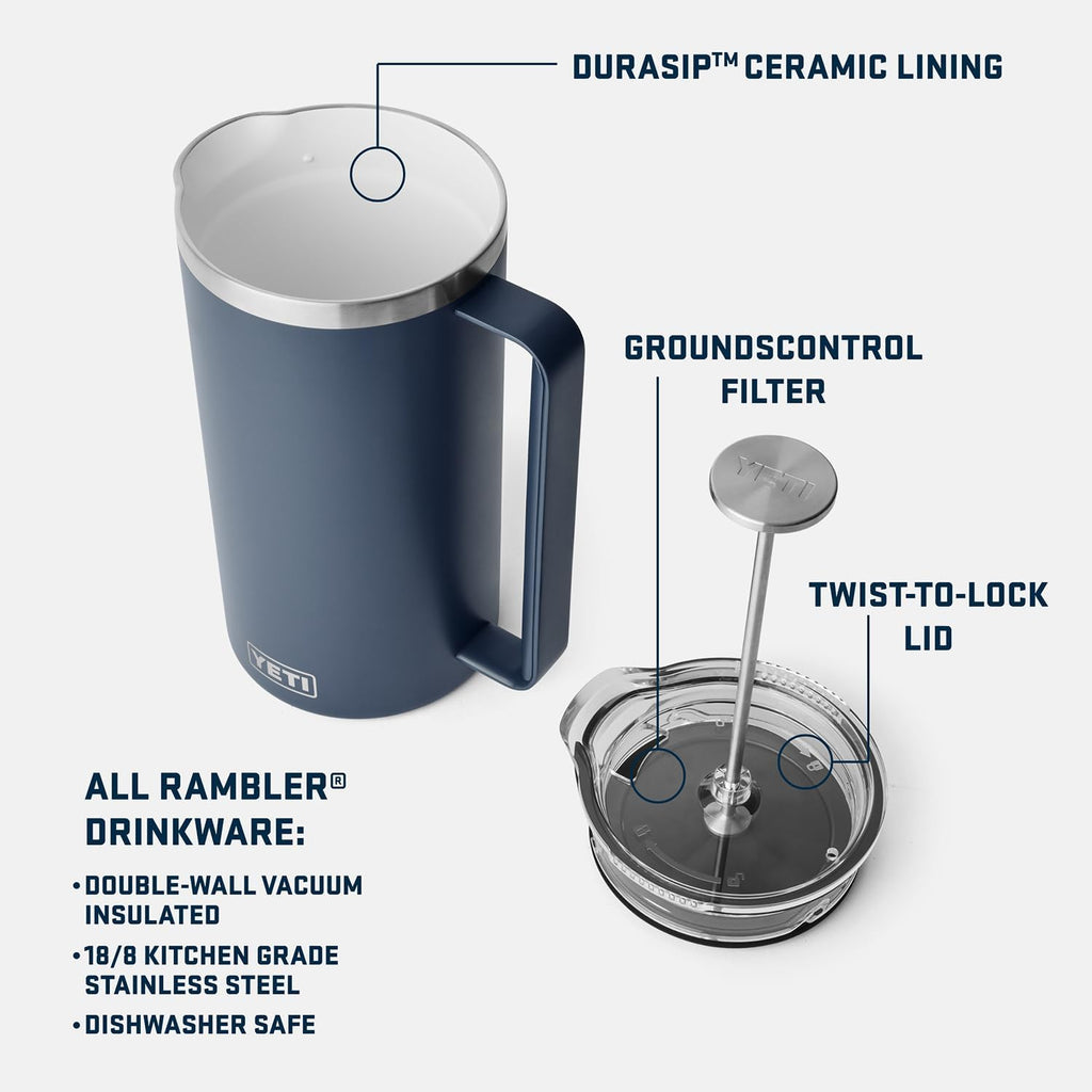 YETI Rambler 64 oz French Press Coffee Maker - Durable Navy Design for Perfect Brews