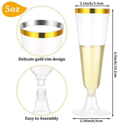 150 Pcs Gold Plastic Champagne Flutes - Clear Disposable Crystal Wine Glasses for Wedding Toasting, Party Cocktail Cups