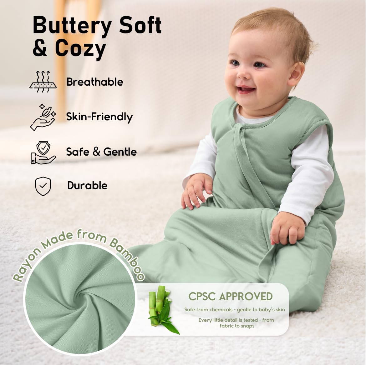 Yoofoss Baby Sleep Sack - Super Soft Rayon Bamboo Wearable Blanket for 6-12 Months | 1.0 Tog, 2-Way Zipper