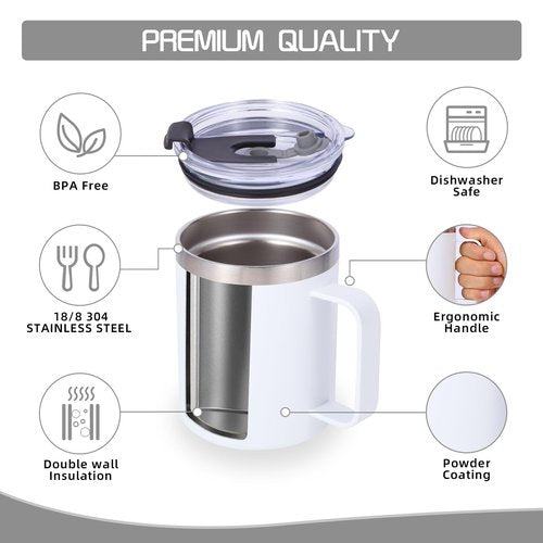 Volhoply 12oz Insulated Leakproof Coffee Mug with Flip & Straw Lid Bulk 8 Pack,Not Suitable for Sublimation,Double Wall Vacuum Stainless Steel Travel Tumbler Cup with Handle(White,8 Set)