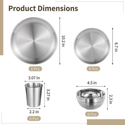24 PCS Stainless Steel Dinnerware Set, Includes 12PCS 6.7 & 10.2 in Plates, 6 Pieces Bowls and 6 Pieces Cups, 304 Reusable Camping Mess Kits for Home Kitchen, Dorm and Outdoor Picnic (Silver)
