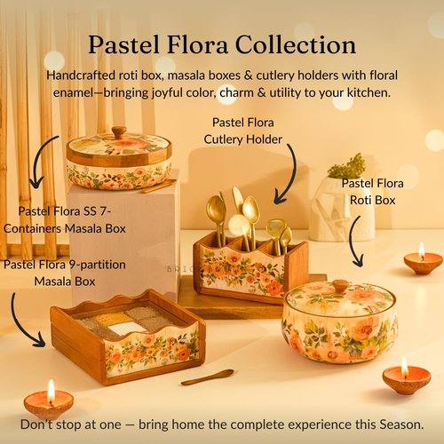 Brick Brown® Premium Wooden Pastel Flora Nava Masala Box with Wooden Spoon | 9-Compartment Spice Box Organizer with Acrylic Lid Meenakari Work | Masala Dani Namak Dani | Masala's Container Dabba