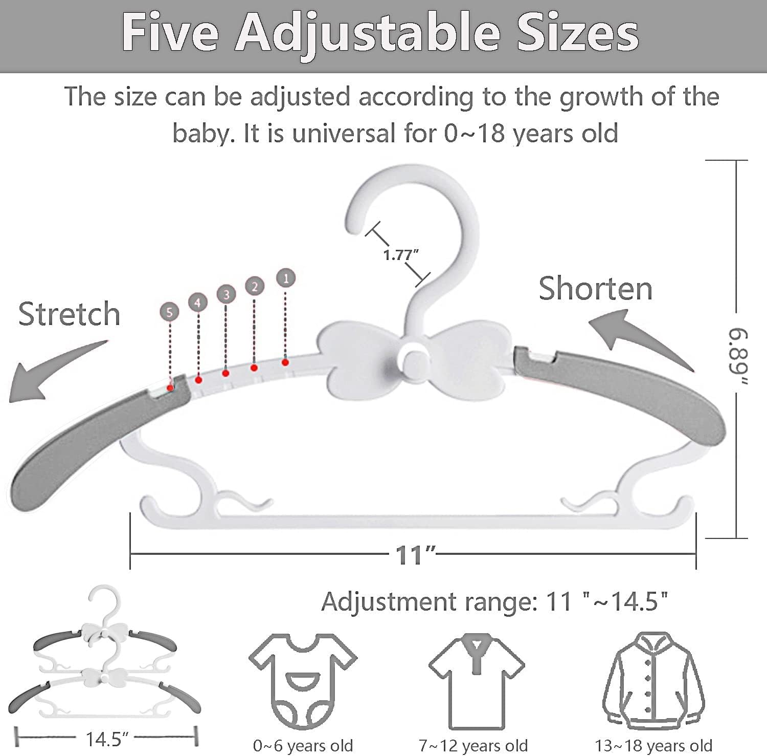 WJWSKI Kids Hangers - 50 Pack Adjustable Toddler Clothes Hangers for Nursery | Space-Saving Grey Design