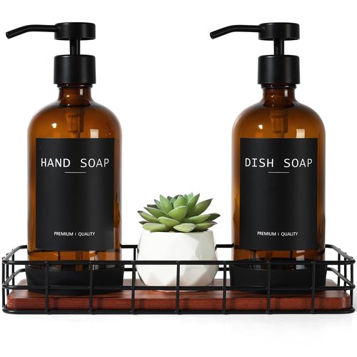Kitchen Soap Dispenser Set with Tray, Amber Glass Soap Dispensers with Iron Basket, Decorative Hand and Dish Soap Dispenser Set, Soap and Lotion Dispensers for Kitchen and Bathroom Storage Organizer