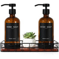 Kitchen Soap Dispenser Set with Tray, Amber Glass Soap Dispensers with Iron Basket, Decorative Hand and Dish Soap Dispenser Set, Soap and Lotion Dispensers for Kitchen and Bathroom Storage Organizer