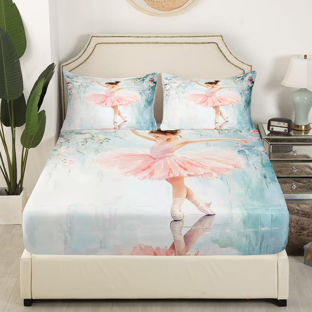 Erosebridal Pink Ballet Bedding Set - Cute Princess Fitted Sheet for Girls Kids Ballet Dancer, Rose Flower Print Bed Sheets Girly Dancing Love Gymnastics Bed Set Modern Trendy Pastel Sheets Twin