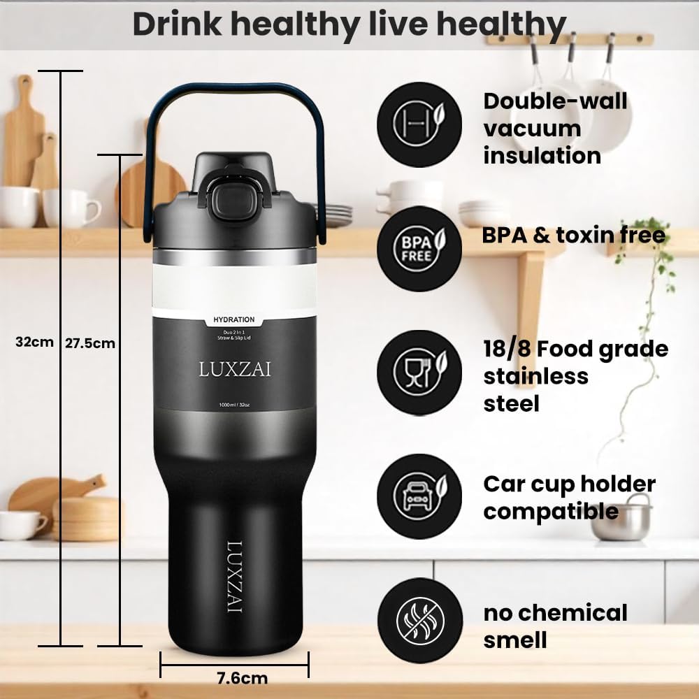 Skiennix 32 Oz Insulated Stainless Steel Tumbler - Leak-Proof Travel Mug with Handle & 2-in-1 Lid