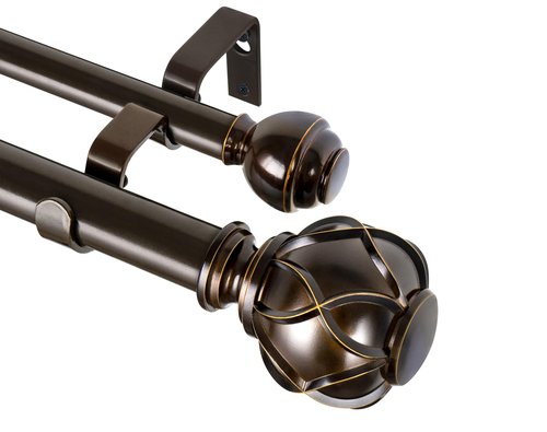 KAMANINA 1 Inch Double Curtain Rods 66 to 120 Inches (5.5-10 Feet) Telescoping Heavy Duty Drapery Rod for Windows 54 to 115, Netted Texture Finials, Antique Bronze