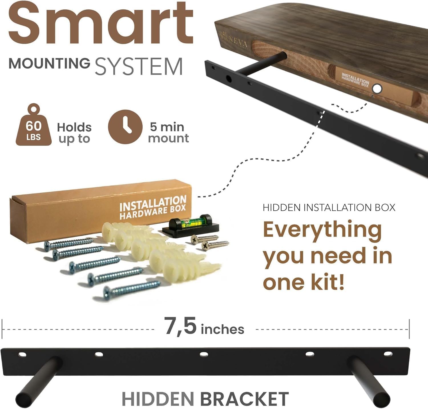 Wood Floating Shelves | 16-Inch Set of 2 - Stylish Bathroom & Living Room Storage - American Walnut Finish