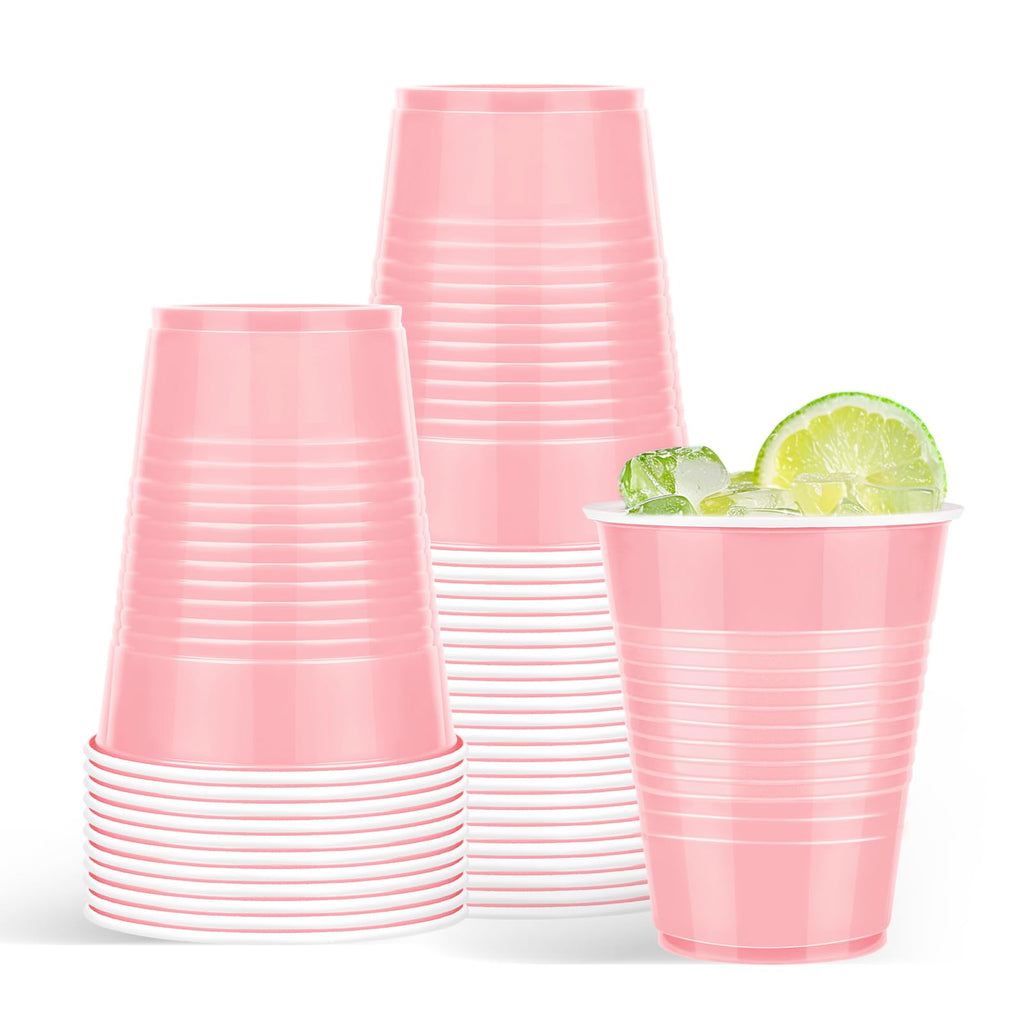 Liengoron 50 Pack Pink Plastic Cups 18 Ounce Pink Cups Plastic Disposable Cup Bulk Cup for Party Wedding Birthday
