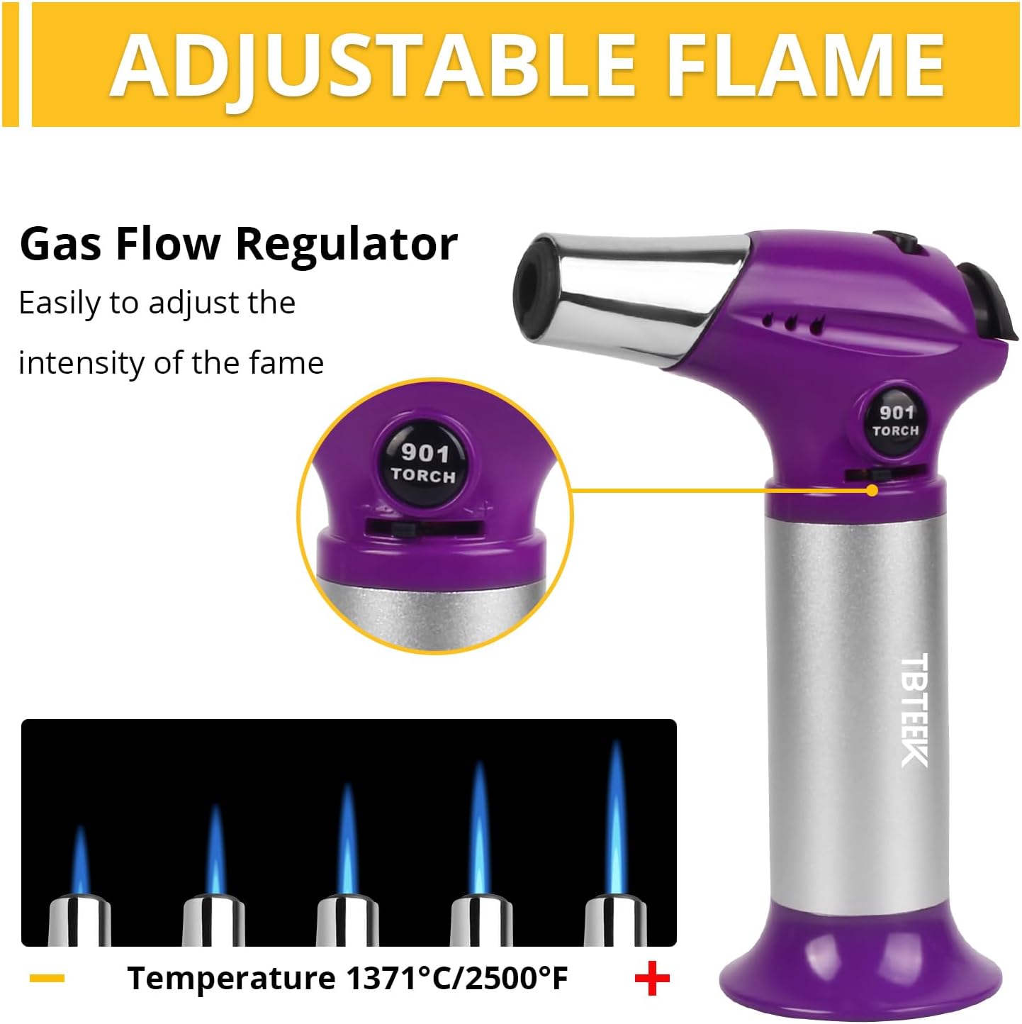 TBTEEK Butane Torch T901 - Adjustable Flame Kitchen Torch with Safety Lock for Cooking & BBQ | Purple