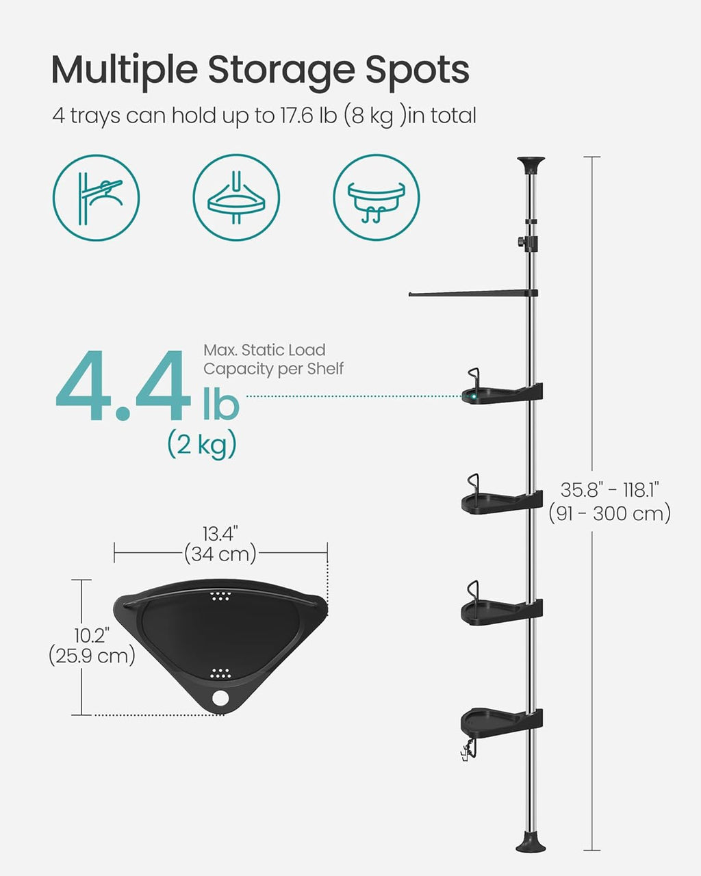 SONGMICS Corner Shower Caddy - 4-Tier Rust-Resistant Organizer | Height Adjustable, Drill-Free, Ink Black, 35.8 to 118.1 Inches