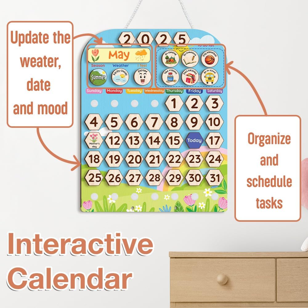 Skiennix Interactive Wooden Calendar for Kids Ages 3+ | Teach Seasons & Daily Activities (12 x 15 Inches)