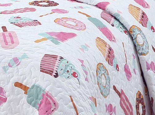 MK Collection Bedspread Set Kids Teens Sweet Dreams Donut and Ice Cream Printed Bedding Set, Donuts Pink White Mint Candy Cupcake Bedspread Set New (Full/Queen)