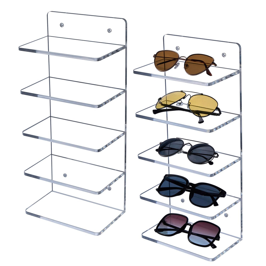 MyGift 5 Tier Clear Acrylic Sunglasses Holder Rack, Wall Mounted Eye Glasses Shelf or Tabletop Display Stand, Retail Eyewear Showcase Storage Organizer, Set of 2