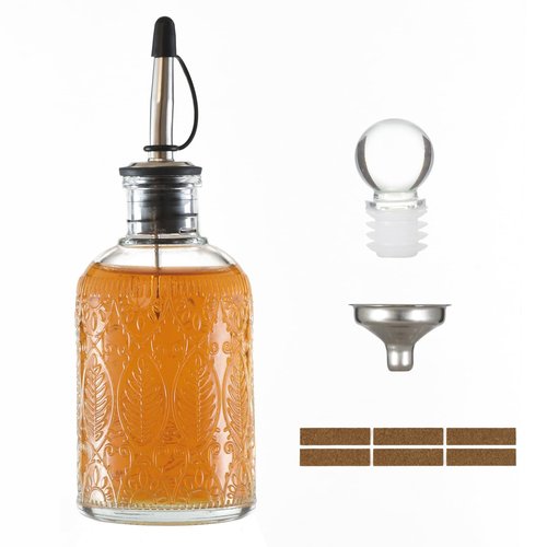 Wongblee Retro Glass Syrup Dispenser Bottle 7oz, Oil and Vinegar Cruet with Stainless Steel Pour Spout, Labels, Funnel & Stopper(Leaf)