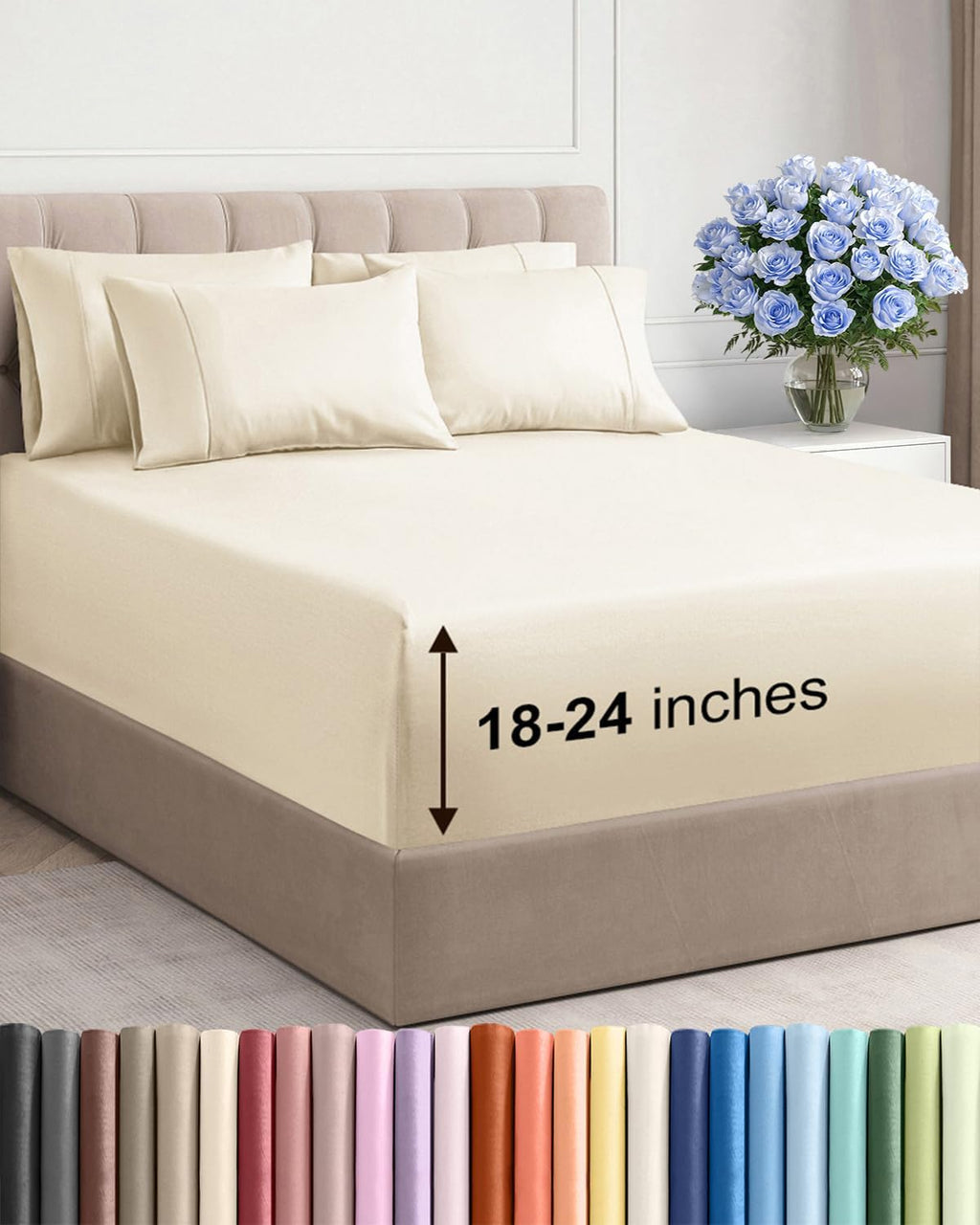 Skiennix Extra Deep Cal King Sheet Set - 6 Piece Breathable Cooling Sheets - Soft Wrinkle-Free Off White