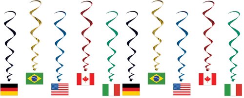 Beistle 5 Count International Flag Hanging Spirals (Pack of 2) - Green, Red, Blue, Yellow - Plastic and Cardstock