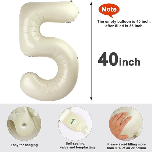 Balloon Numbers - 40 Inch Cream White Number Balloons for 5th Birthday & Wedding Decor