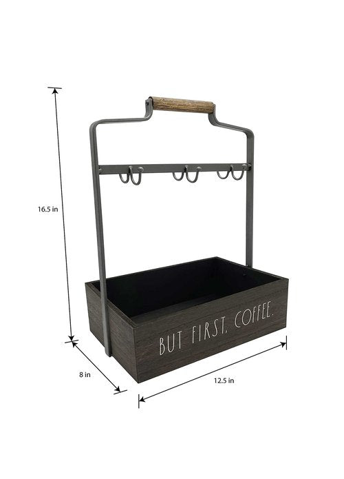 Rae Dunn Coffee Mug Holder - 6 Hook Coffee Cup Rack with Rectangular Rustic Style Crockery Holder - Storage or Display - Mug Stand Organizer for Kitchen Counter or Cafe Countertop - But First Coffee