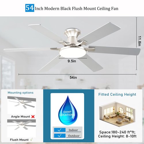 iacaf Ceiling Fans with Lights,54 Inch Low Profile Ceiling Fan with Light and Remote Control,6 Speeds/6 Blade,Flush Mount,LED Dimmable DC Reversible Modern, Nickel Ceiling Fan for Bedroom/Living Room