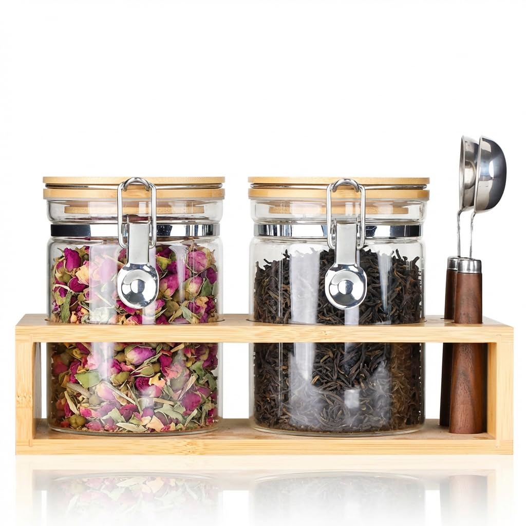 Set of 2 Airtight Glass Tea Canisters with Bamboo Lids & Spoons (27oz) - Ultimate Storage Containers for Loose Leaf Tea to Preserve Freshness & Flavor - Elegant Tea Caddy Jars for Kitchen & Pantry