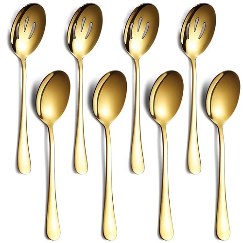 Gold Serving Spoons 8 Pieces, ReaNea Stainless Steel Serving Utensils Set inclunde 4 Serving Spoon 4 Serving Slotted Spoons, Dishwasher Safe