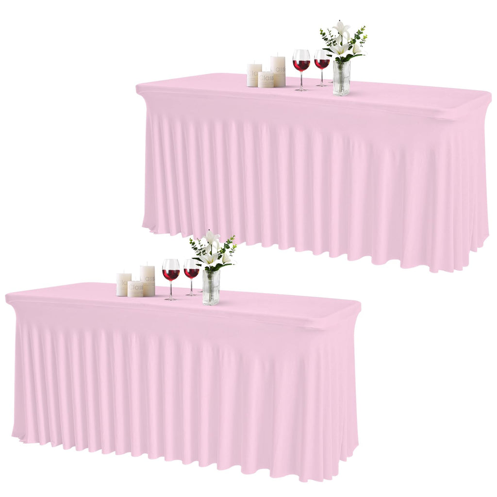 JCJ Table Skirt for Rectangle Tables Set of 2 Spandex Fitted Pink Tablecloths for 6FT Tables, Wrinkle Resistant Ruffles Elastic Table Cover Skirts for Weddings Banquets Parties Teacher Desk