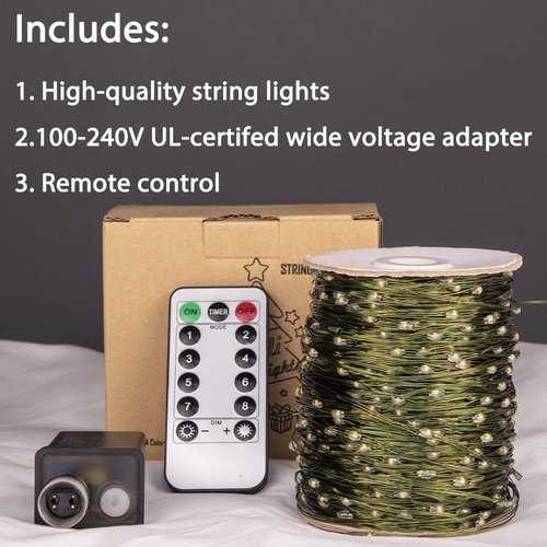 PCORES 100FT Green Wire Fairy Lights Plug-in, 300 LED Dimmable Waterproof String Lights with Remote - 8 Modes Warm White for Christmas Tree, Yard, Holiday Party Decorations
