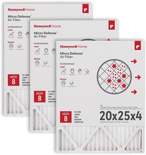 Honeywell Home AC Furnace Air Filter - MERV 8, 20x25x4, 3-Pack | Actual Dimensions: 19.94 x 24.87 x 4.38 in.