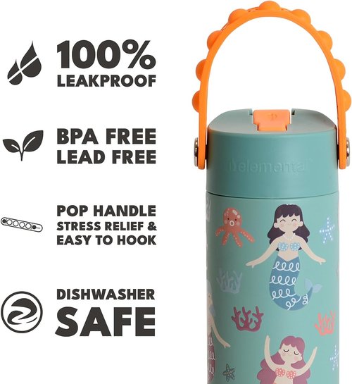 Elemental Insulated Kids Water Bottle - 18oz Stainless Steel with Straw Lid & Pop-It Handle | Leak-Proof for School & Sports - Mermaid Sisters