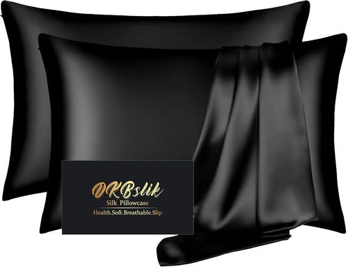 Mulberry Silk Pillowcase Set by Skiennix - 2 Queen Size Anti-Acne Pillow Covers for Hair & Skin | Black