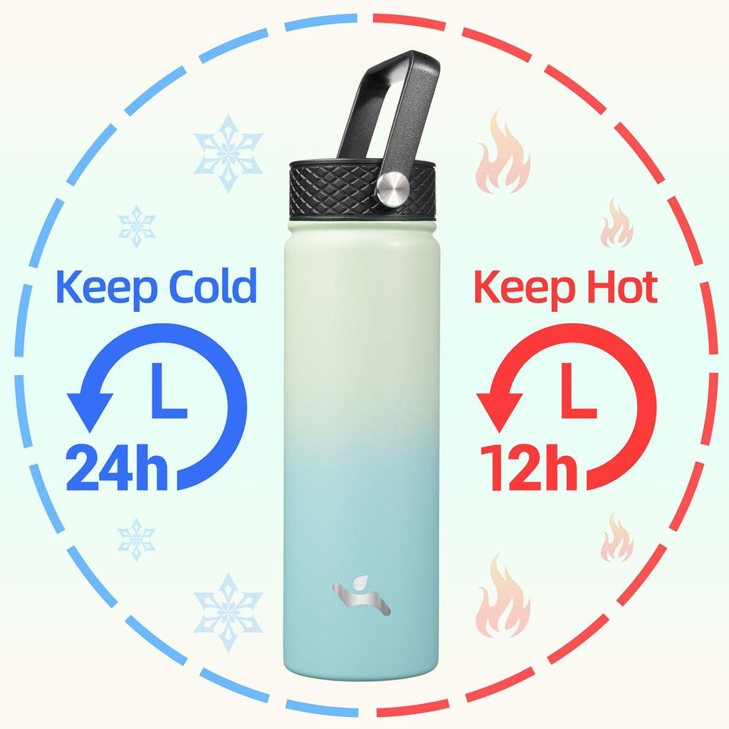 Skiennix 22oz Stainless Steel Water Bottle - Insulated with 3 Lids | Mint Color