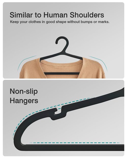 ABHENG 100 Pack Clothes Hangers, Non Slip Plastic Coat Hangers, Space Saving Hangers, Heavy Duty, Hanging Dry Wet Clothes, 16.4" x 8.3", Black, UAPY05100B