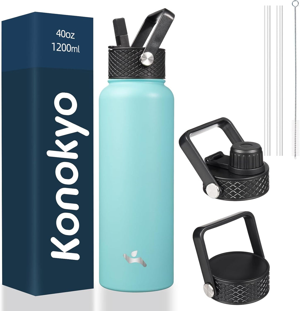Skiennix 40oz Insulated Water Bottle - Durable Stainless Steel Sport Bottle with 3 Lids | Turquoise