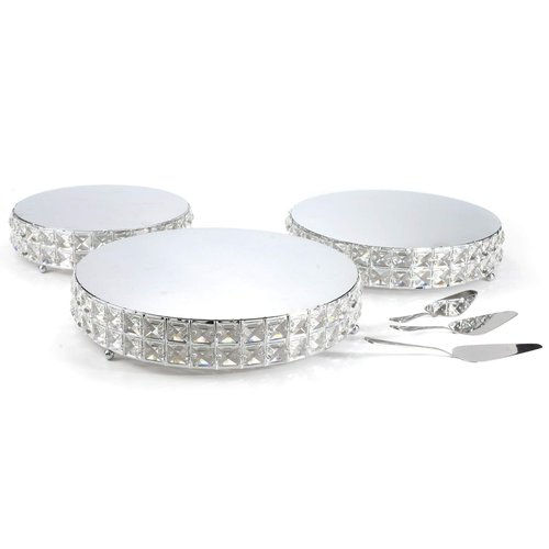 LINDLEMANN 3 Pack Shiny Crystals Cake Stands with Spatula Metal Decorative Cupcake Holder Round Dessert Display Stand for Wedding Birthday Anniversary & Party (Silver, 10" | 12" | 13")